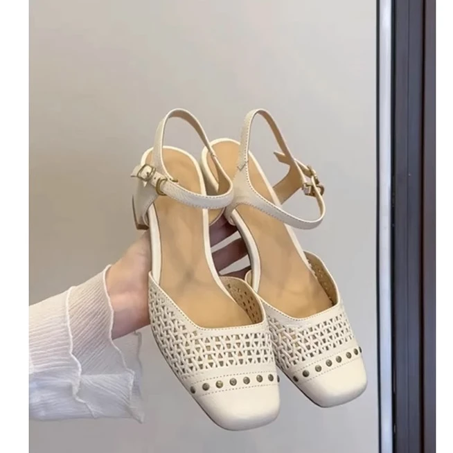 羊皮版~真皮法式复古镂空编织包头凉鞋女气质百搭粗跟玛丽珍单鞋