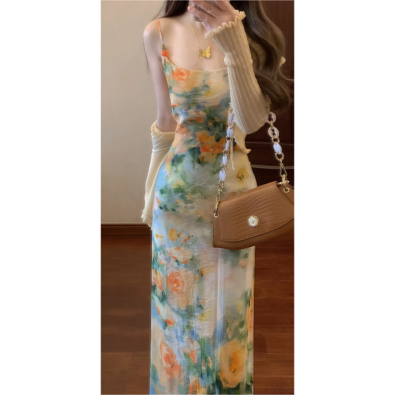 法式温柔甜美莫奈花园油画吊带连衣裙度假风长裙&防晒空调衫9126