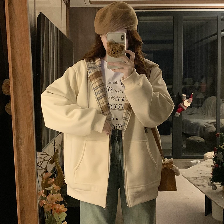 两面穿连帽外套少女春秋2025新款初高中学生宽松运动格子夹克上衣