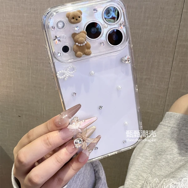 可爱小熊闪钻适用苹果17promax手机壳iphone16/15/14/13/12透明女