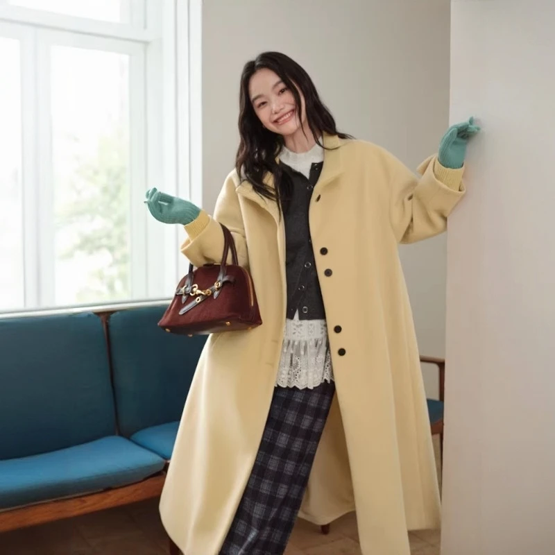 韩系温柔呢子大衣长款女2026春秋季新款时尚廓形黄色立领毛呢外套