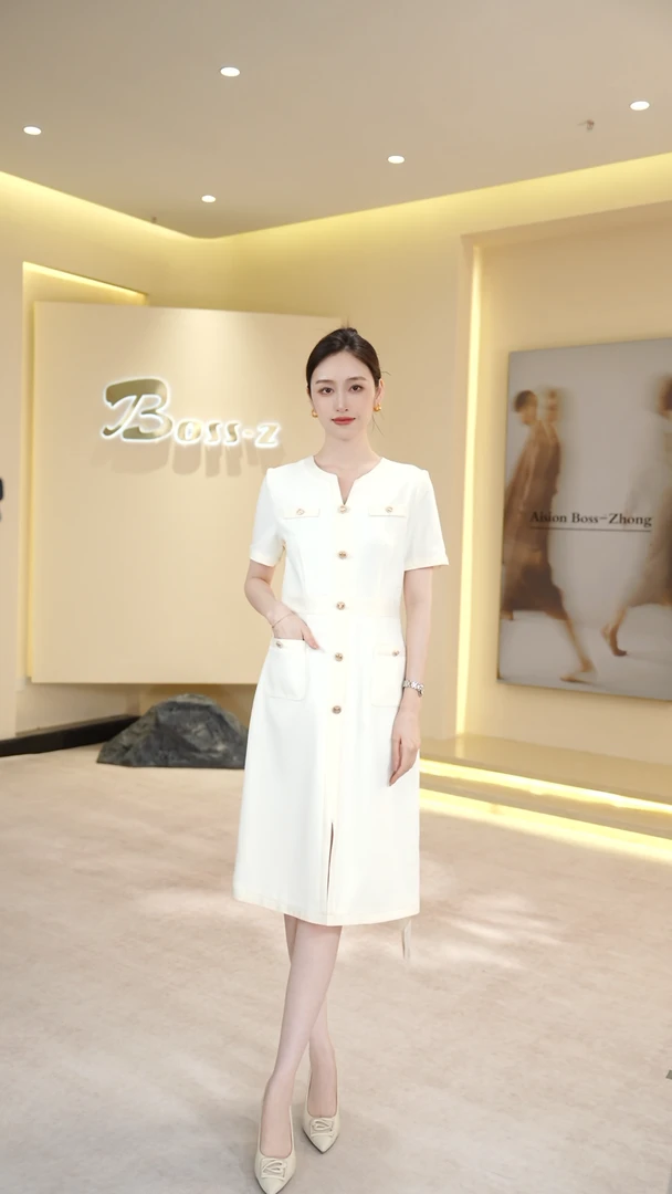 钟老板2025夏季新款白色V领收腰连衣裙女高级感职业通勤正装裙子