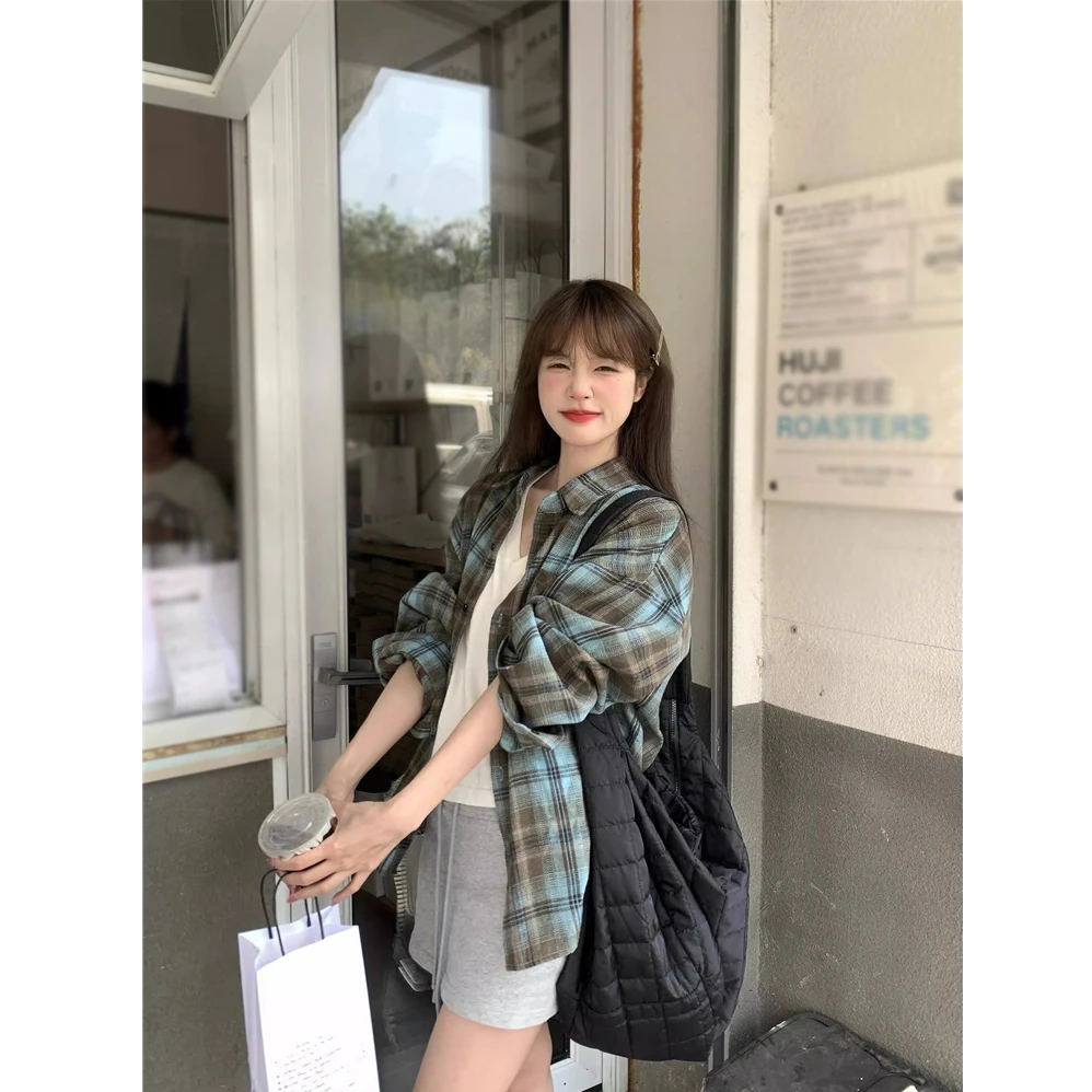 蓝色格子衬衫外套女2025初秋新款宽松慵懒风休闲百搭长袖衬衣小众