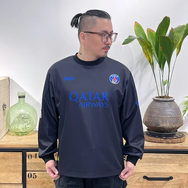 现货-大巴黎联名款数码喷绘长袖T恤足球服秋冬透气休闲速干时尚