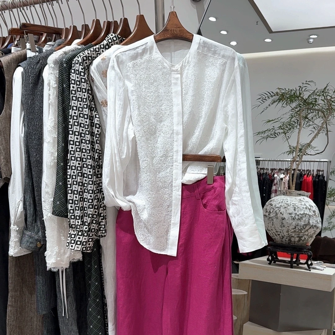 【25199】慵懒感亚麻上衣长袖衬衫气质印花衬衣设计感休闲外套