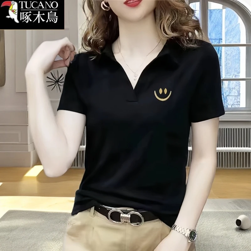 啄木鸟POLO领短袖刺绣T恤女2025年夏季新款洋气修身大码显瘦上衣