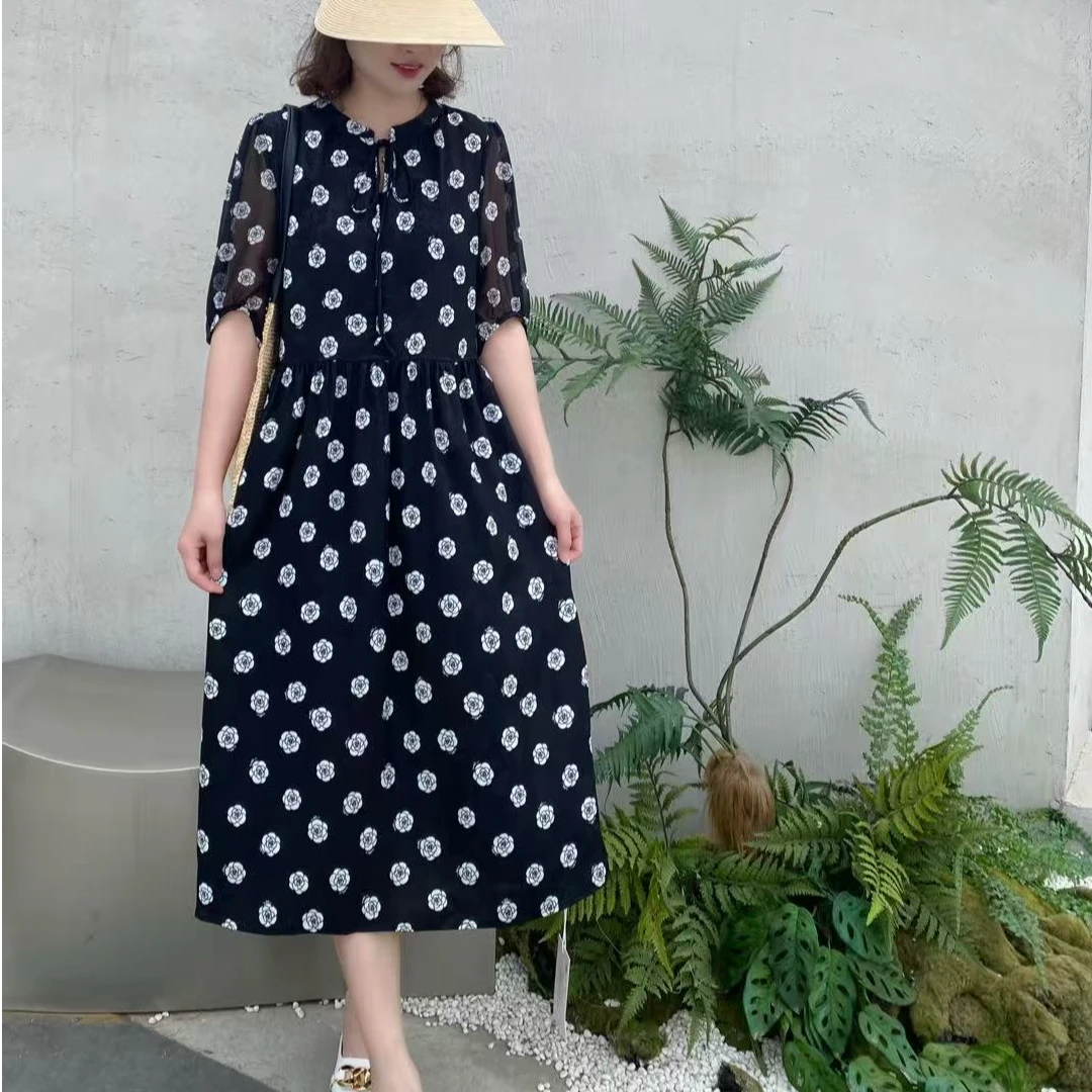 【锦衣服饰】BLSS 5175法式领系带印花连衣裙