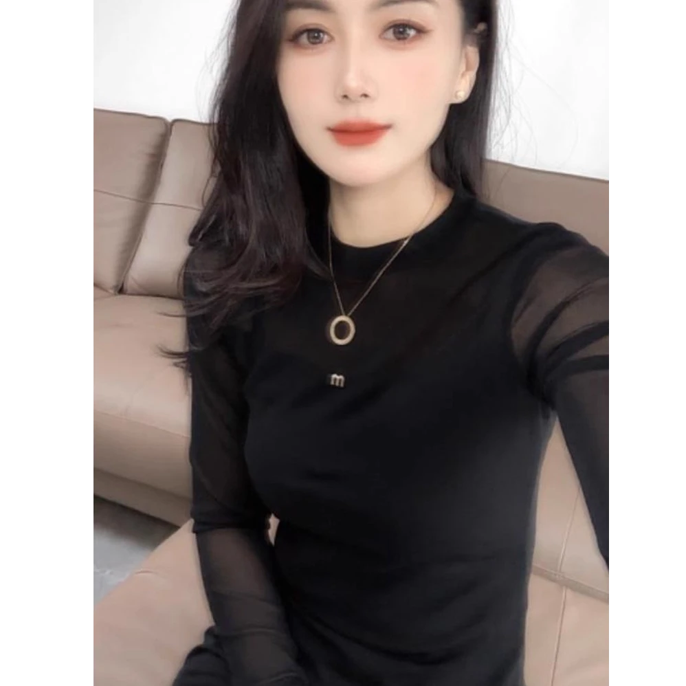 欧货圆领网纱拼接长袖T恤女2025早秋季新款修身显瘦打底衫上衣潮