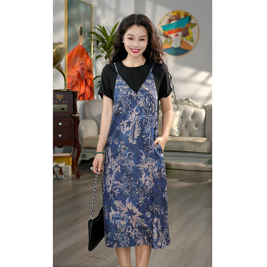 无印心匠B062 慵懒风通勤碎花连衣裙拼接中长款K1938