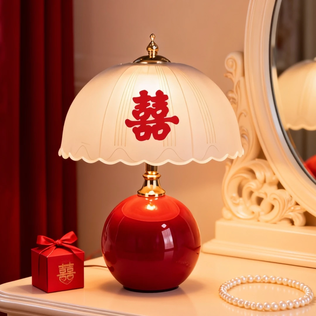 陪嫁结婚台灯婚房床头灯一对酒红色长命婚庆长明灯高级感新婚礼物