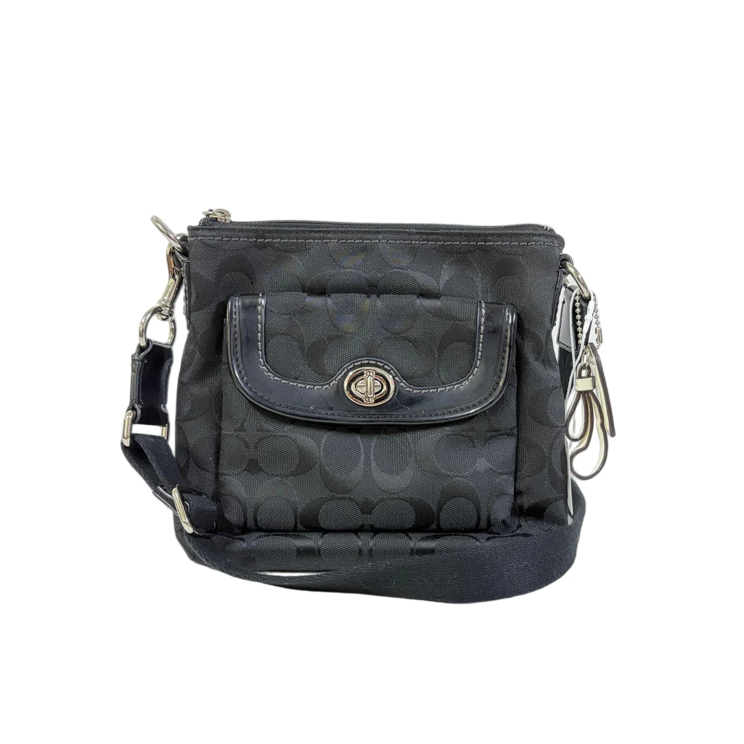 95新 COACH/蔻驰 黑色老花帆布单肩斜挎包MM-81379奢侈经典翻盖