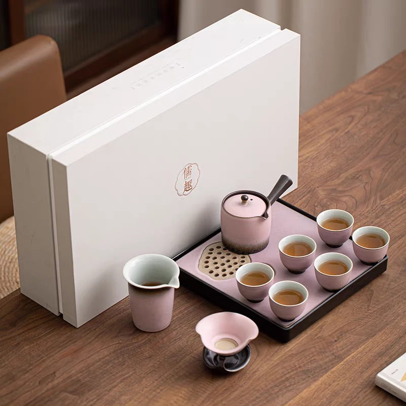 胭脂粉功夫茶具套装防烫侧把壶家用客厅高档日式茶盘办公室礼盒装