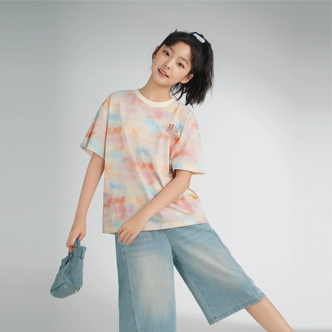 【绚染星空】女童夏季扎染短袖T恤新款韩版宽松晕染上衣中大童百搭