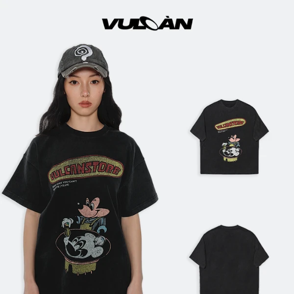 VULCAN做旧童趣男装米奇印花复古美式国潮情侣宽松短袖小领口TEE