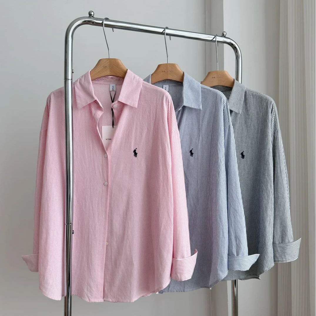 韩系刺绣小众条纹衬衫女宽松百搭高级感小个子学生衬衣外穿开衫潮