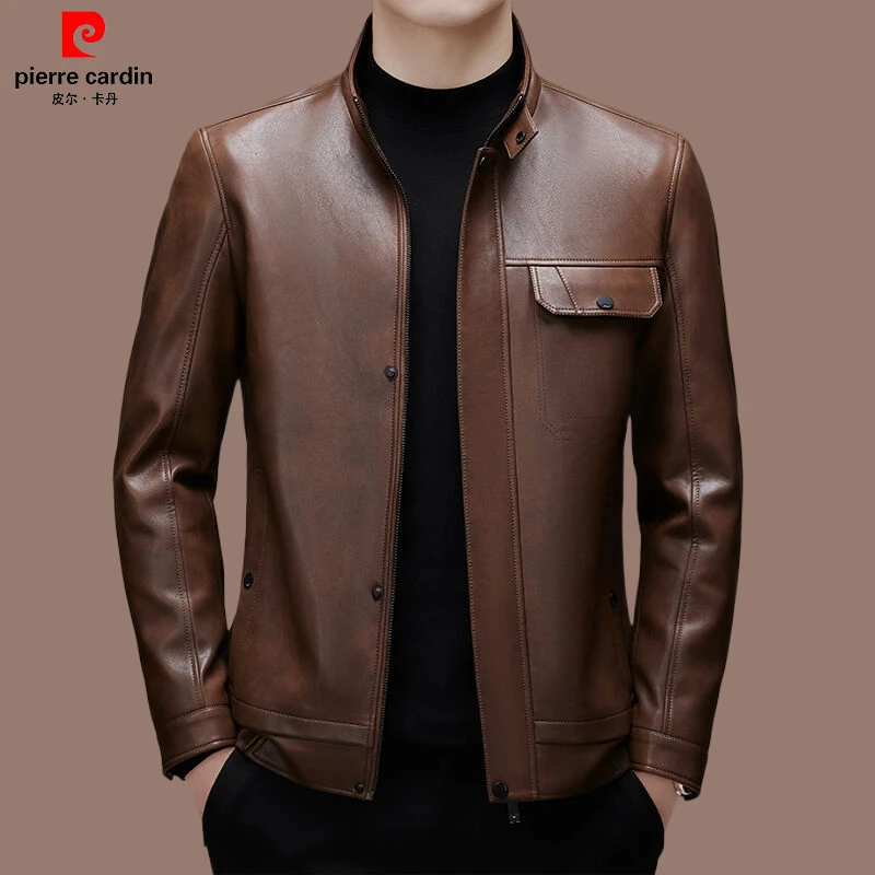 皮尔卡丹高档男士皮衣立领中年皮夹克厚款短款夹克秋冬季外套上衣