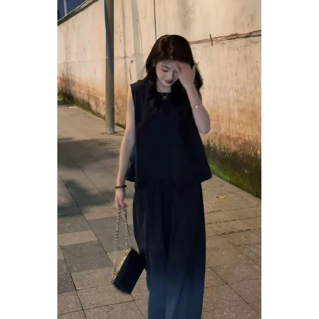 ENEN~慵懒风女夏季无袖木耳边整套阔腿裤两件套