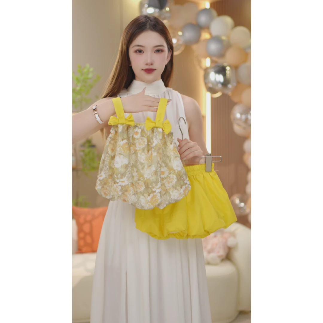 【断码清版】女童短裤套装2025新款儿童吊带碎花公主立体蝴蝶结套装