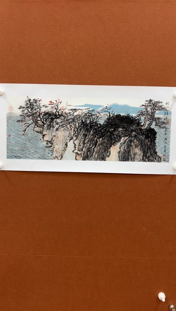 国画尤德民1.2平尺山水带框