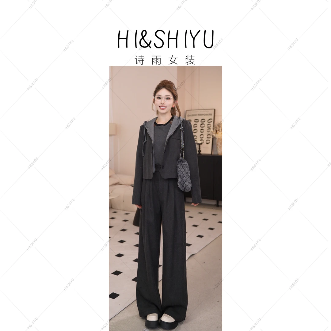 HISHIYU【时尚主编】2025秋装新款假两件休闲上衣+长裤套装YSQ4251
