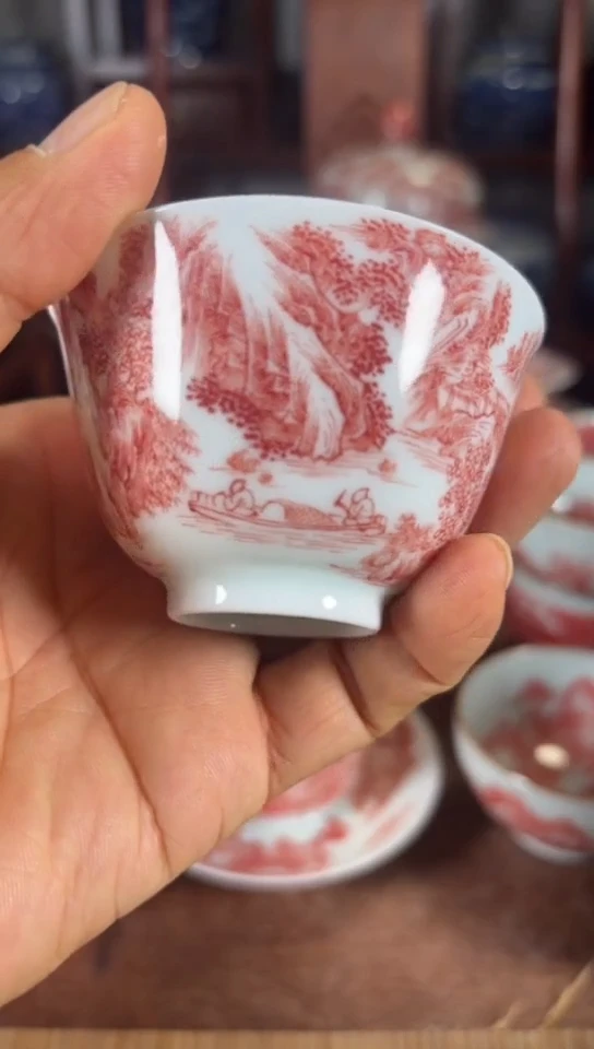 柴窑釉里红山水杯杯