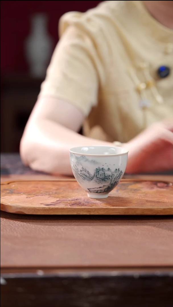 柴烧鸡心杯-山水