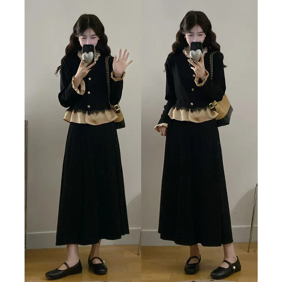 大码女装新款时尚减龄显瘦拼接上衣+高腰半身裙两件套套装