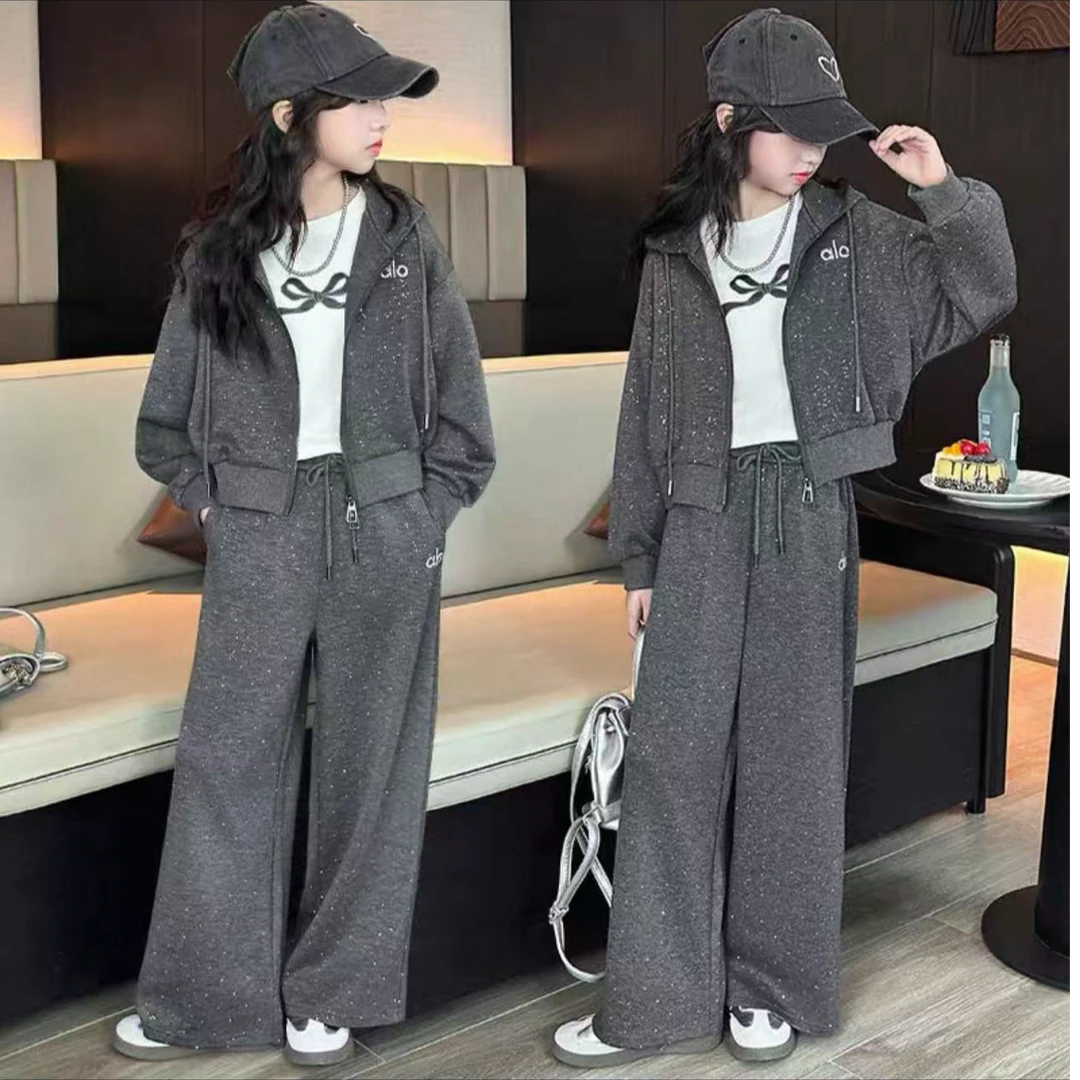 女童秋季套装2025新款休闲女孩洋气时髦连帽开衫阔腿裤两件套
