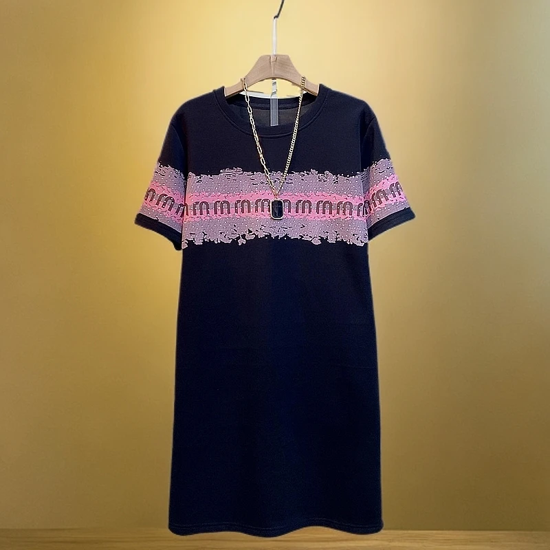 高腰吸汗短袖春季圆领大码连衣裙中长裙成人A字裙常规甜美风