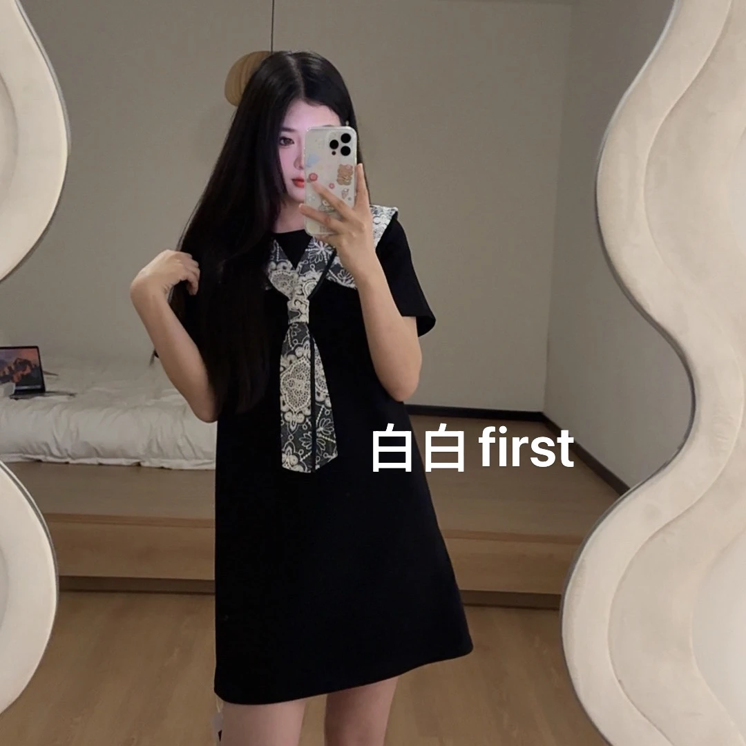《白白first》韩版慵懒风拼接翻领假两件半袖连衣裙显瘦夏季气质