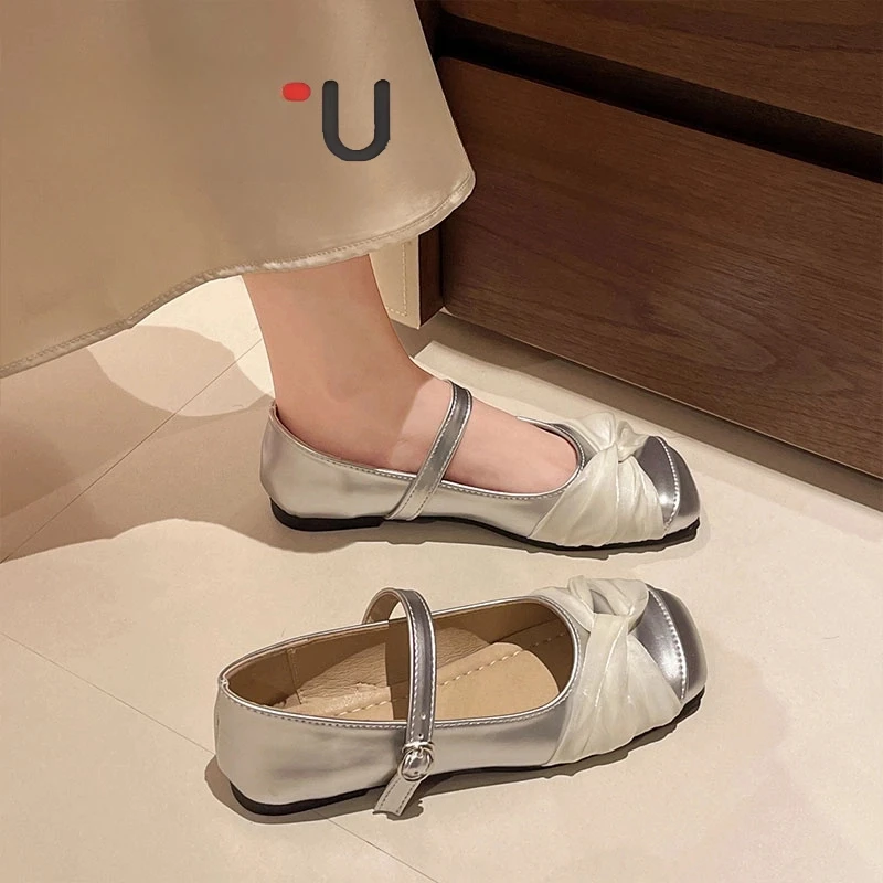 品牌浅口单鞋女2025年新款方头一字扣玛丽珍鞋芭蕾风银色平底鞋女
