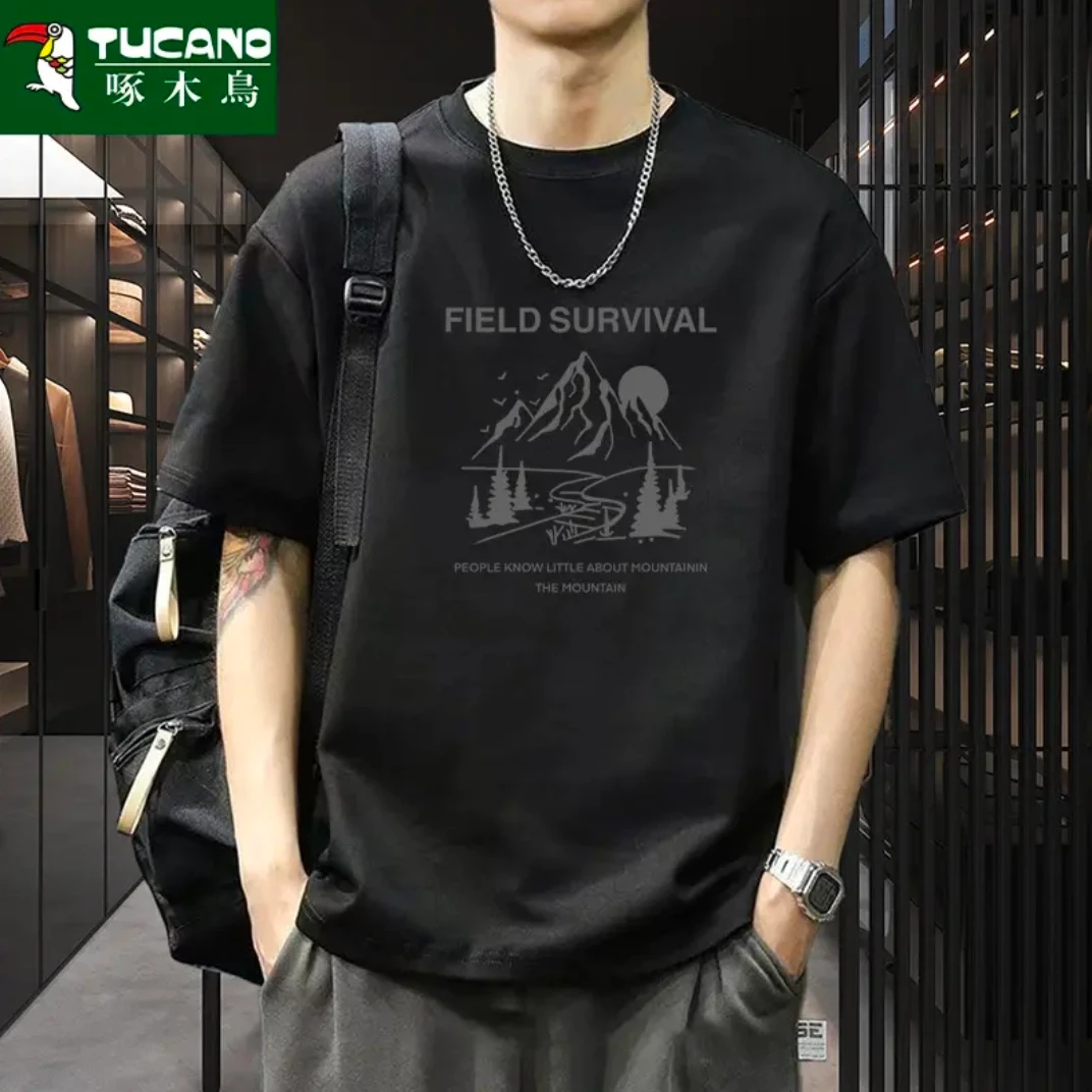 啄木鸟纯棉重磅男士白色短袖图案韩宽松韩版夏季半袖 t恤休闲百搭