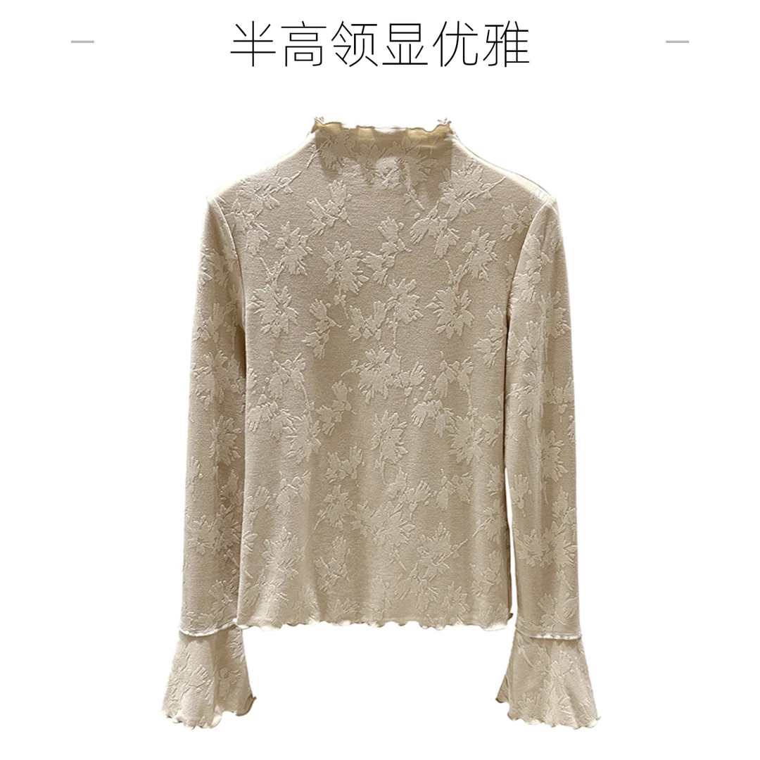 百合提花套头针织衫女木耳边秋冬内搭叠穿打底衫半高领喇叭袖上衣
