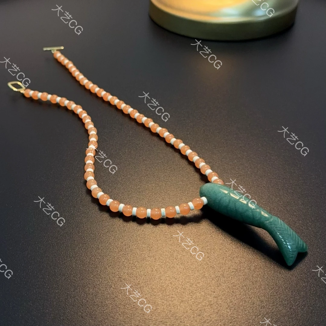 铜合金石英石项链 复古鱼天然石彩色撞色珠串项链配饰NEAGS 0427