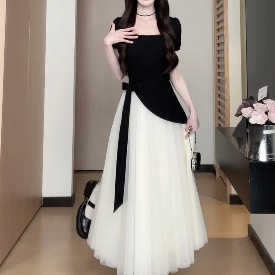 大码微胖 松本丧丧夏季撞色褶皱收腰设计感气质连衣裙