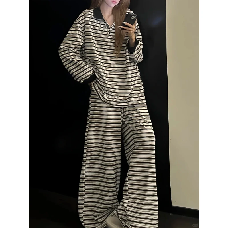 韩系ins慵懒风简约条纹睡衣女春秋长袖长裤休闲套装大码家居服女