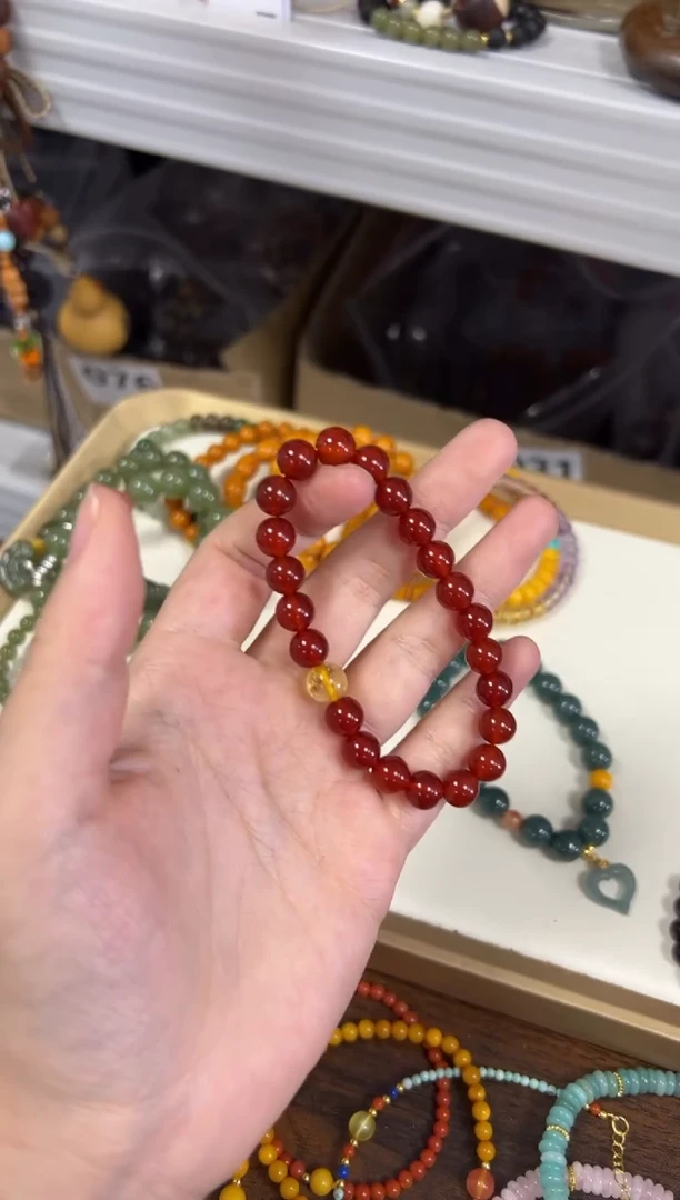 玛瑙/玉髓手链未镶嵌冰透红玛瑙黄晶圆珠手链[2904]