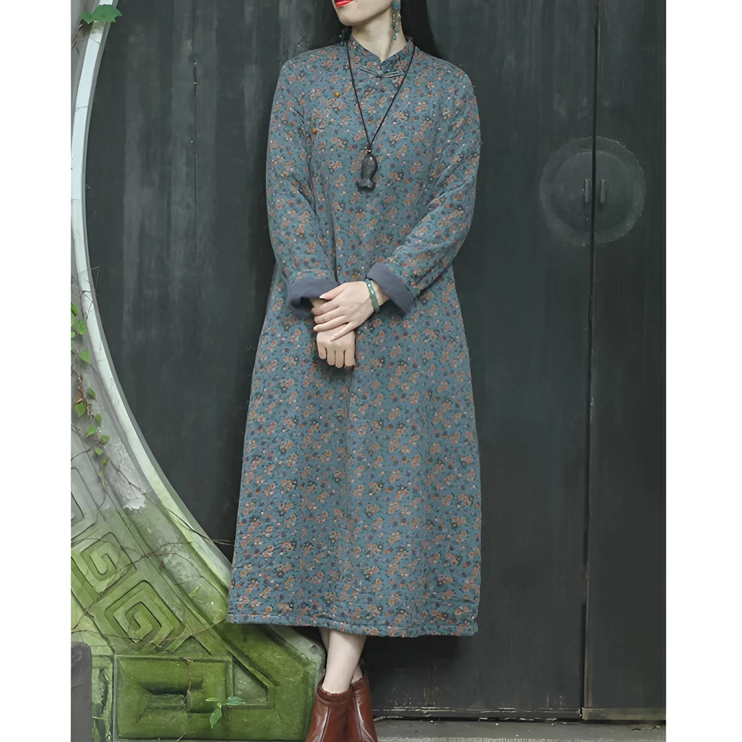 棉麻碎花加绒保暖旗袍长裙女2025秋冬新款宽松显瘦复古文艺气质款