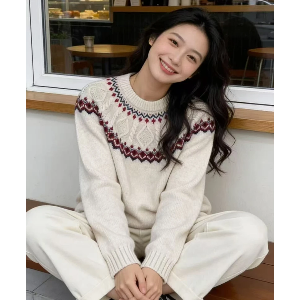 秋冬韩系新款费尔岛圆领针织衫减龄宽松百搭毛衣女1570