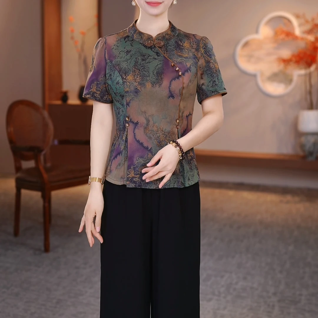 两件套2025夏季新款洋气改良旗袍妈妈装上衣裤子（婷）ZRF-25526