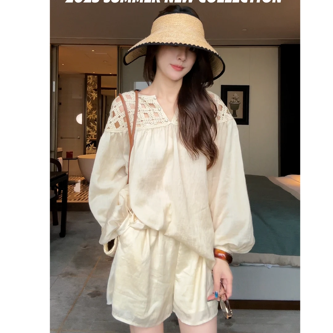 AILUO/艾珞芝芝【诗意】法式复古显瘦亚麻天丝混纺套装