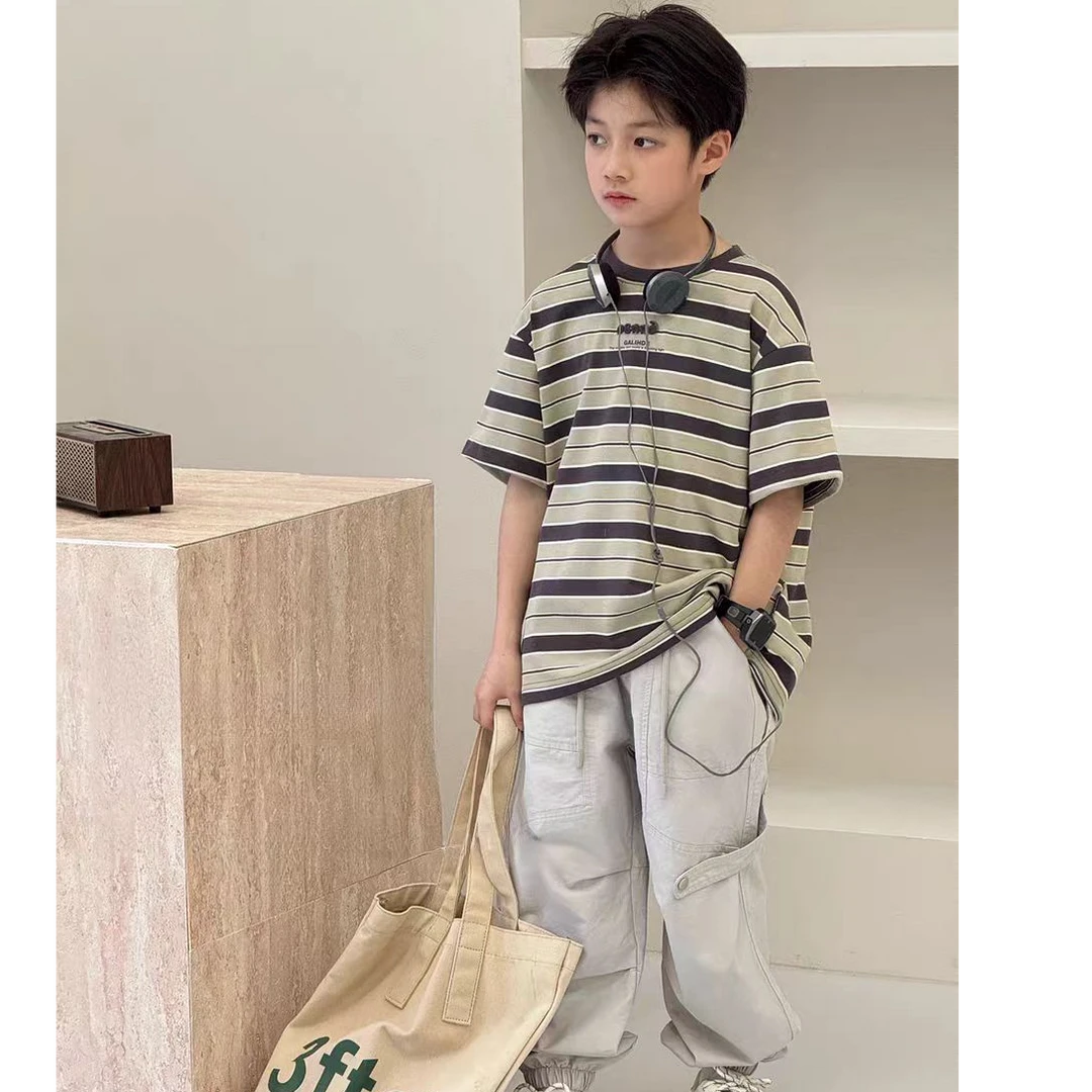 男童夏季薄款条纹T恤2025新款中大童百搭休闲上衣潮酷时髦穿搭