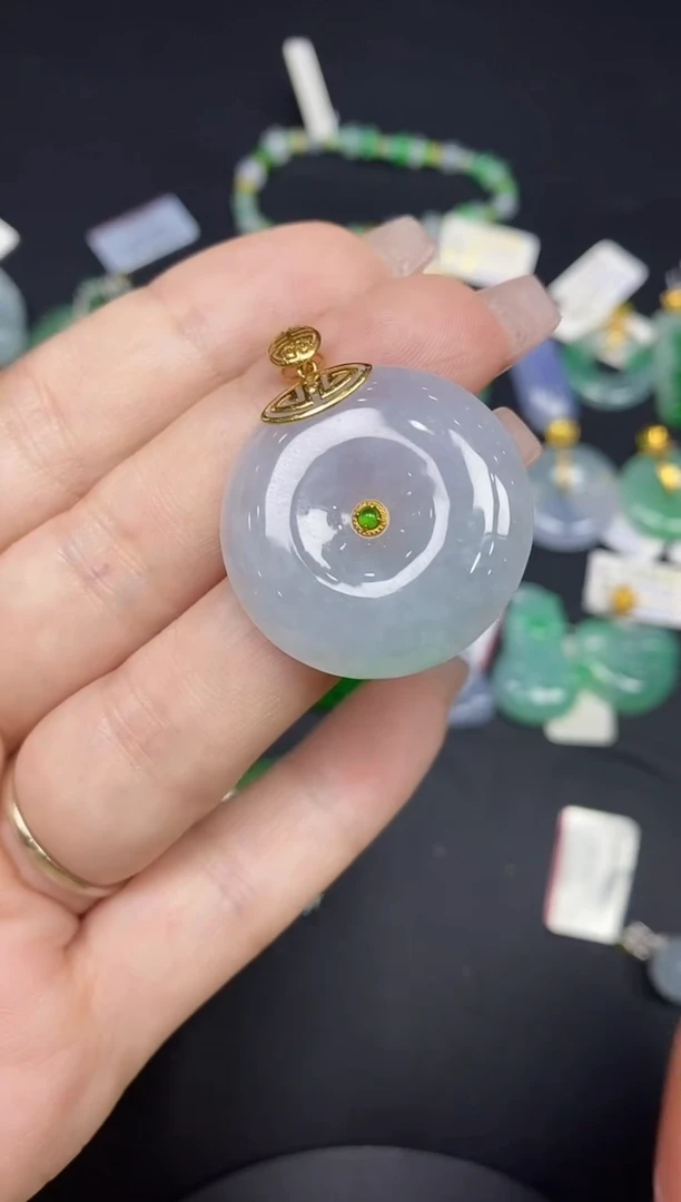 吊坠(不含链)18K金镶嵌翡翠平安扣18K金扣镶嵌@@CMT807-1