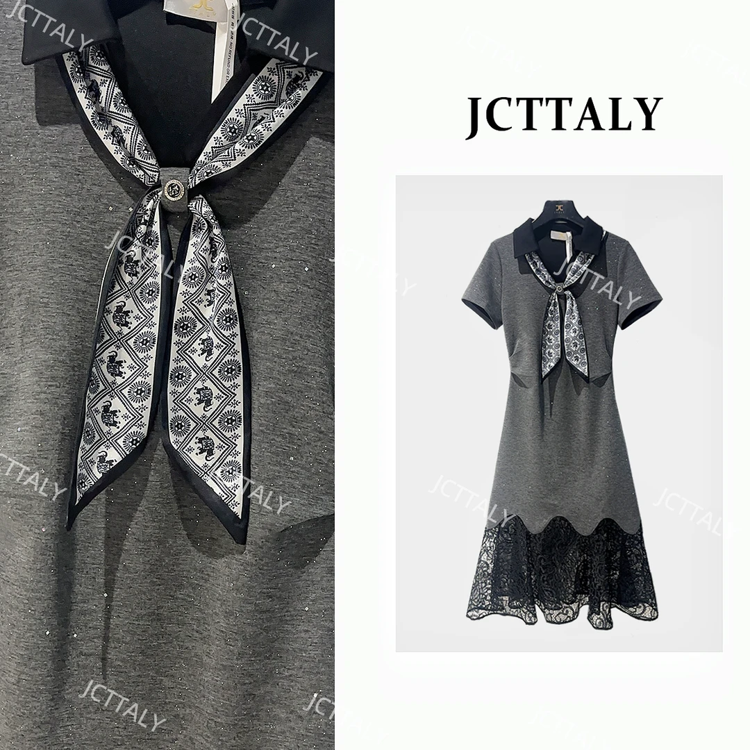 【宠粉价】时尚拼接翻领飘带蕾丝优雅气质夏季新款连衣裙女JC-A4090