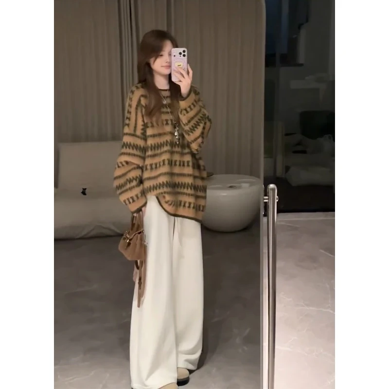 2025秋季新款法式气质宽松条纹长袖毛衣上衣气质高腰系带阔腿长裤