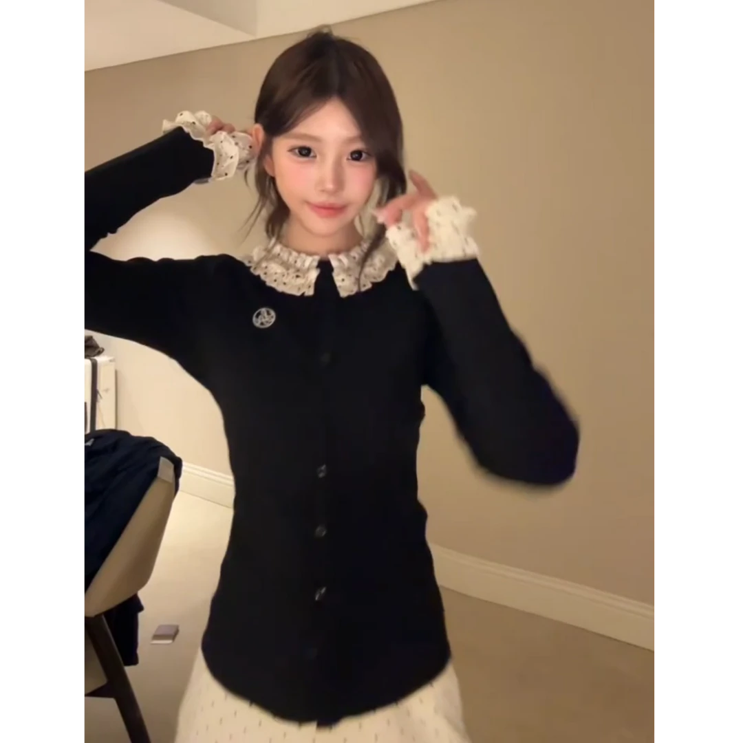 波点花边袖黑色长袖针织开衫女百搭修身打底衫早秋上衣套装X11245