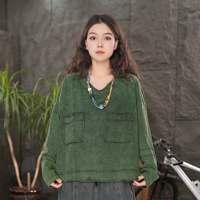 【双口袋纯棉长袖T恤】女装百搭打底衫100%棉大码宽松显瘦v领上衣