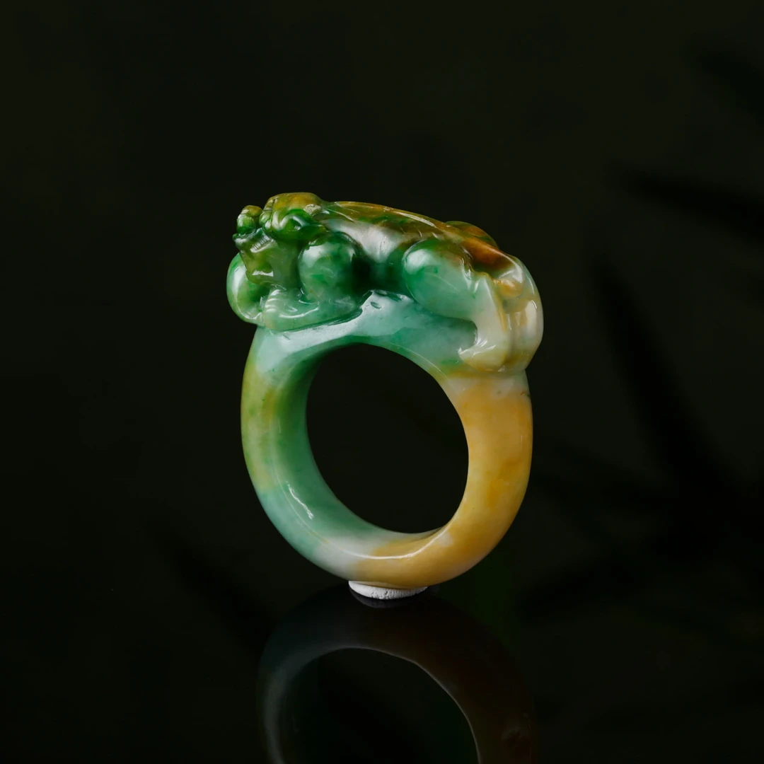 【意婵】《从欢》（15-17）天然稀缺缅A黄加绿老翡翠精雕貔貅戒指914765