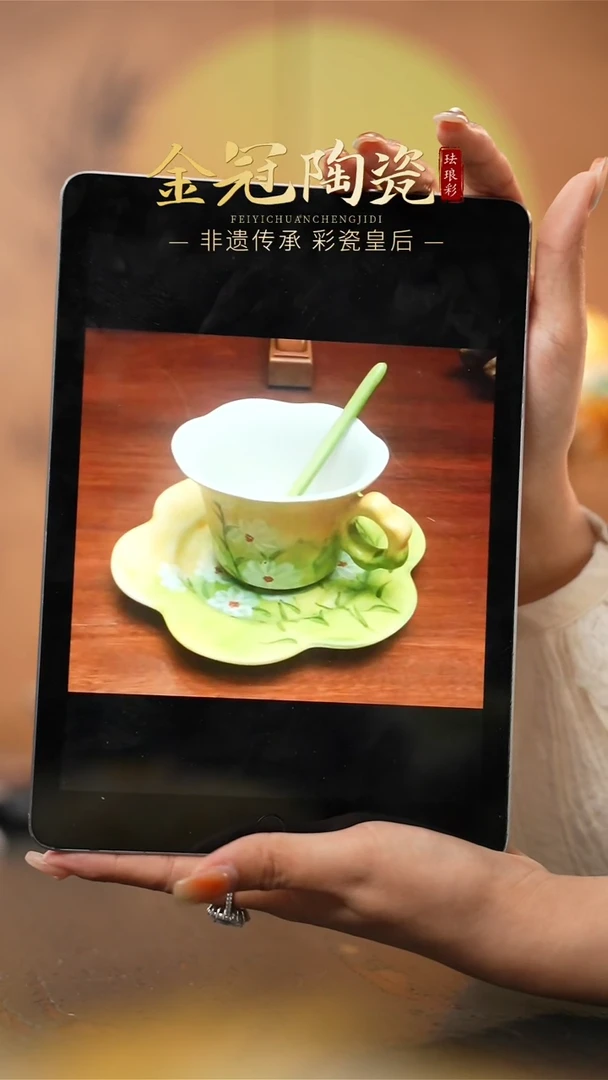 陶瓷【绿影雏菊】三件套咖啡杯