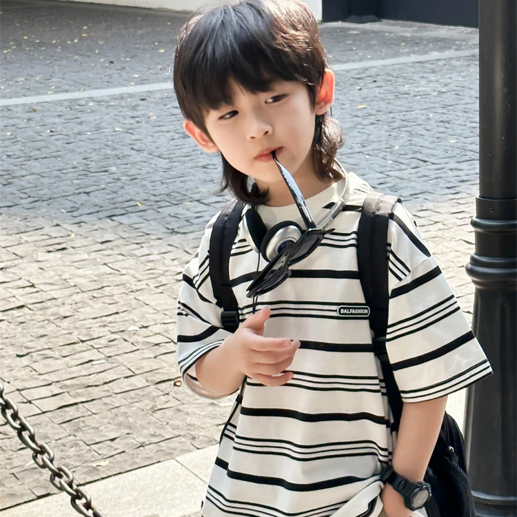 男童纯棉短袖T恤2025夏季儿童条纹短袖T中大童洋气儿童宽松半袖潮